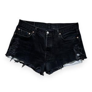 Levi’s 501 Black Denim High Waist Jean Shorts with Distressing - W36